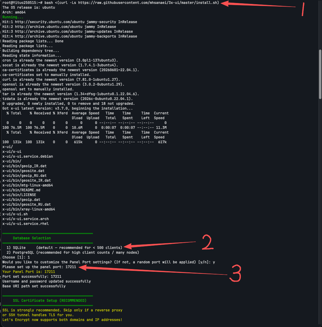 安装 3x-ui，选择 SQLite 并自定义面板端口